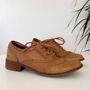 Vintage Spectator Leather Lace Up Shoes Brogue Oxfords Wingtip Wood Stacked Heel